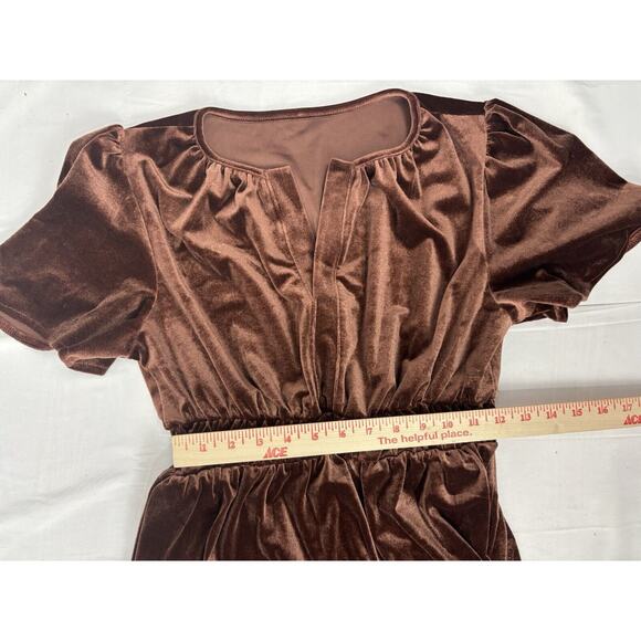Women’s Velvet Tiered Short Sleeve Elastic Waist Maxi Dress Coffee Brown S - Picture 9 of 9